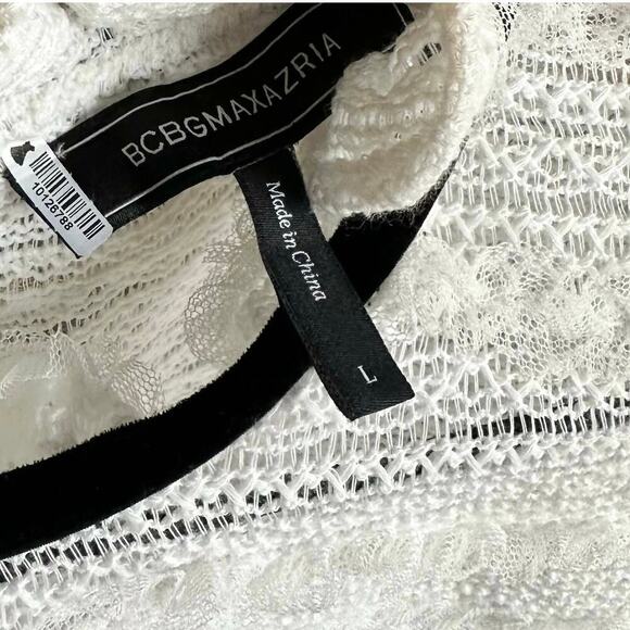 BCBGMaxazria Ruffle Mock Neck Short Sleeve Sheer Lace Blouse Top White Black - L - Picture 7 of 11